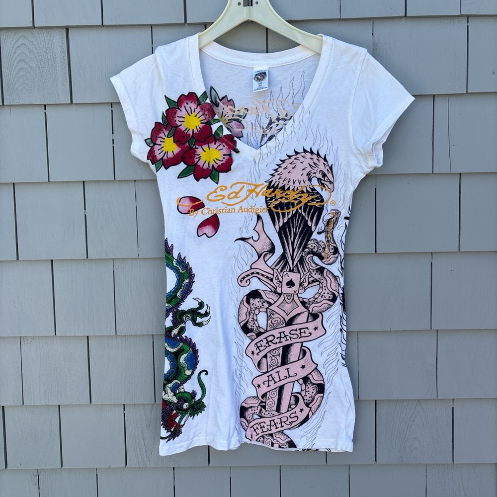 Ed Hardy Women's White V-Neck Tee with Colorful Graphics